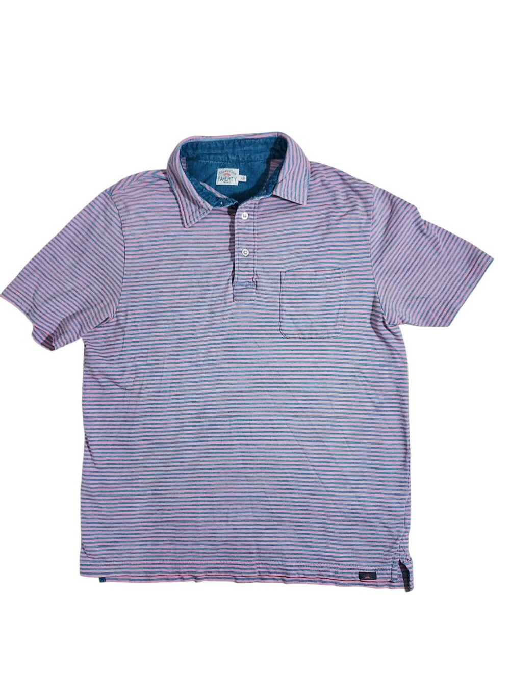 Faherty Organic Cotton Indigo Polo Shirt Pink Blue Stripe M